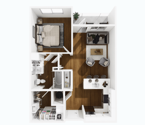 A top-down view of a small, well-organized apartment with a bedroom, living room, and kitchen area.